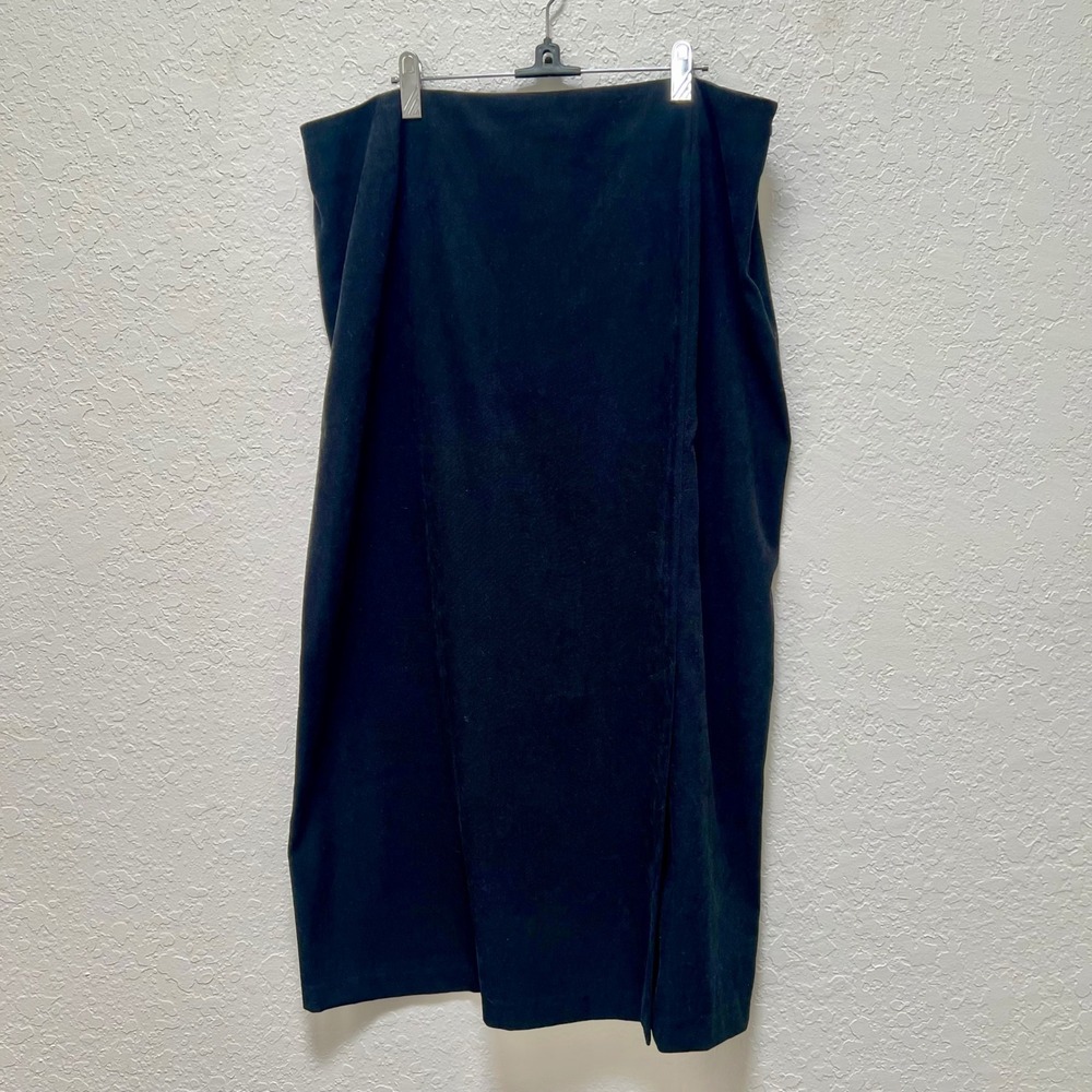 Coldwater Creek 1X Black Stretch Midi Skirt Side Slit Elastic Waist Faux Suede